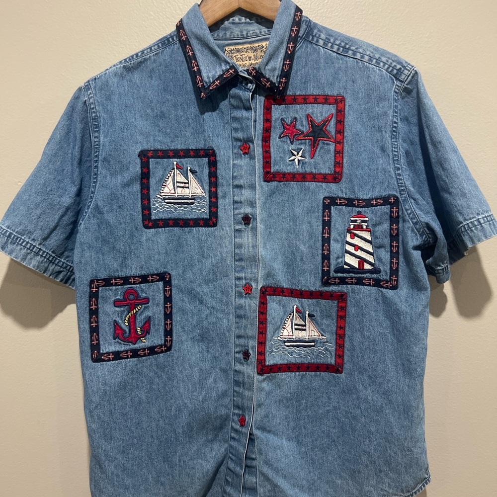 Vintage 90s Tantrum Blues Embroidered Nautical Patch Denim Shirt size PL